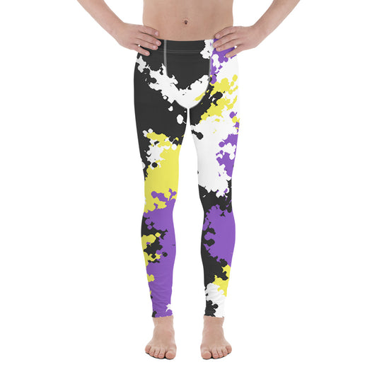 Nonbinary Enby Pride Men's Leggings Yoga Pants in Camouflage Nonbinary all-over-print-mens-leggings-white-front-64cc3a03ccea4