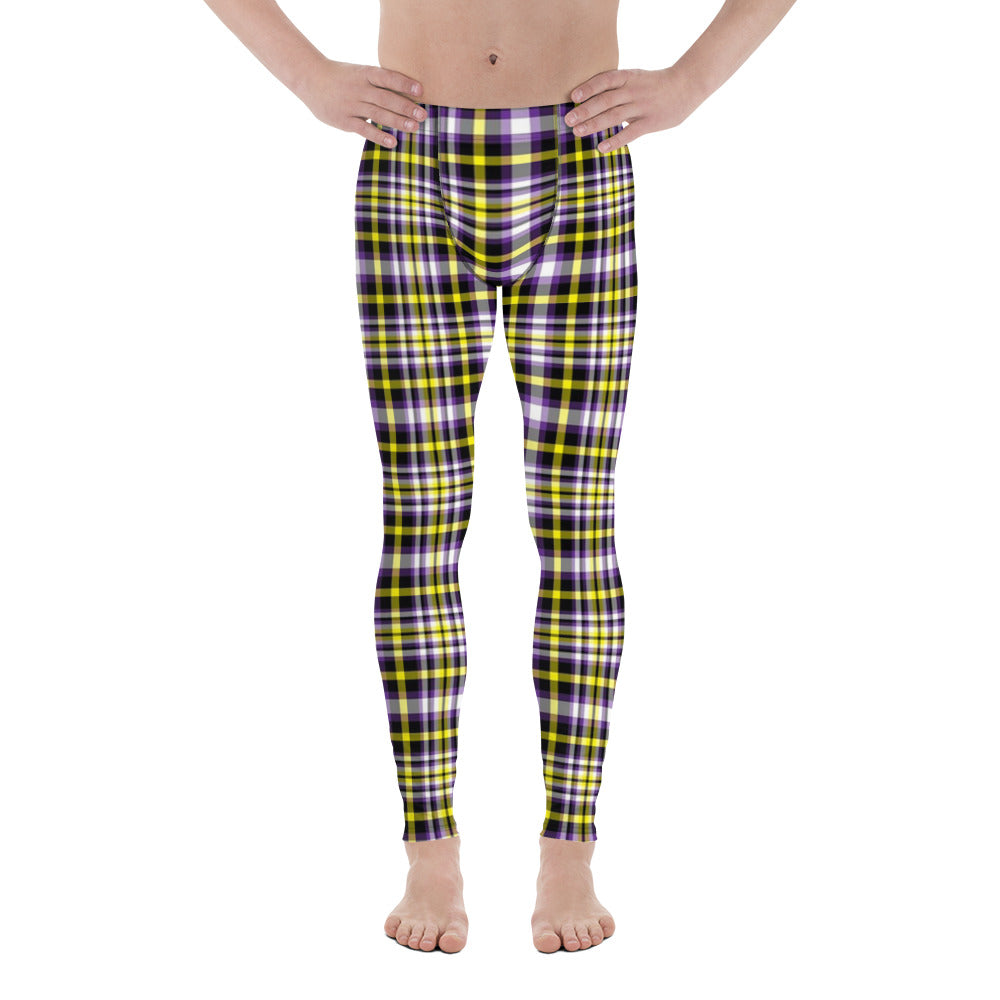 Nonbinary Enby Pride Men's Leggings Yoga Pants in Plaid Nonbinary all-over-print-mens-leggings-white-front-652f368132e4d