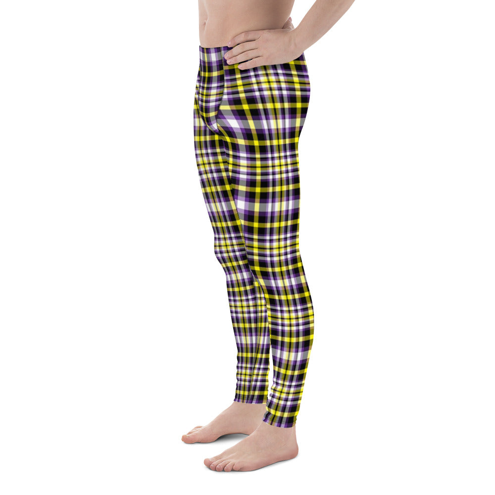 Nonbinary Enby Pride Men's Leggings Yoga Pants in Plaid all-over-print-mens-leggings-white-left-652f368134693