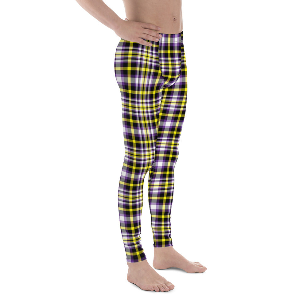 Nonbinary Enby Pride Men's Leggings Yoga Pants in Plaid all-over-print-mens-leggings-white-right-652f368134731