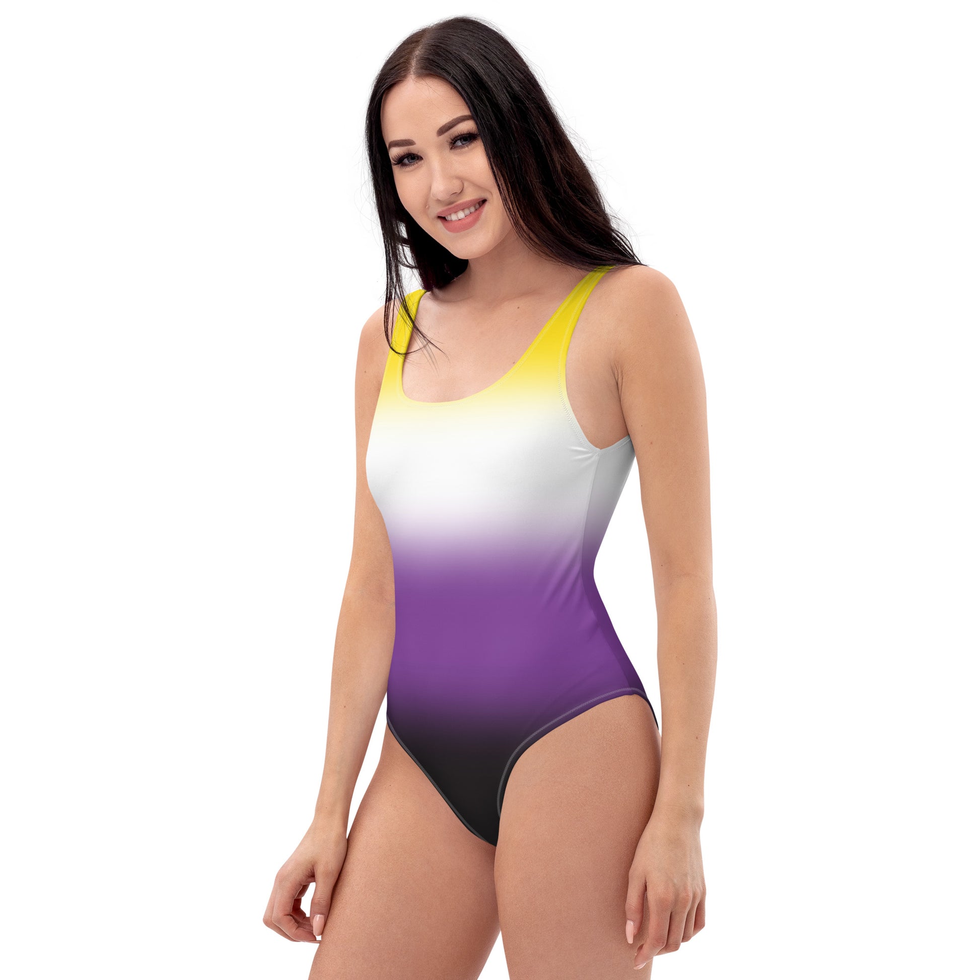 Nonbinary Enby Pride One-Piece Swimsuit Bathing Suit in Ombre all-over-print-one-piece-swimsuit-white-left-65ccd96dd4854