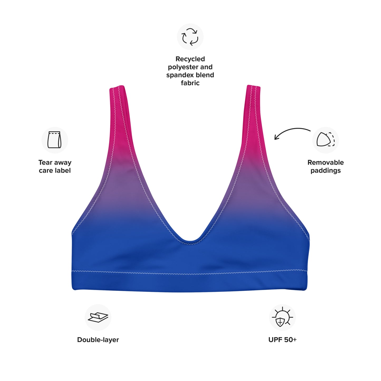 Bisexual Bi Pride Recycled Padded Bikini Top Sports Bra in Ombre all-over-print-recycled-padded-bikini-top-white-front-648a620b95579