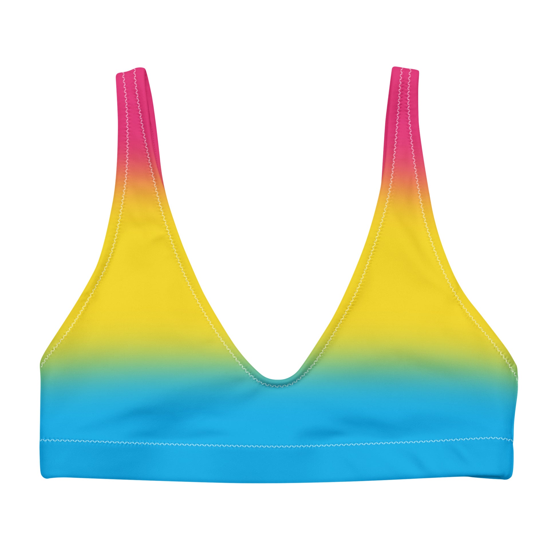 Pansexual Pan Pride Recycled Padded Bikini Top Sports Bra - Ombre Pansexual Multi all-over-print-recycled-padded-bikini-top-white-front-648a63814027b