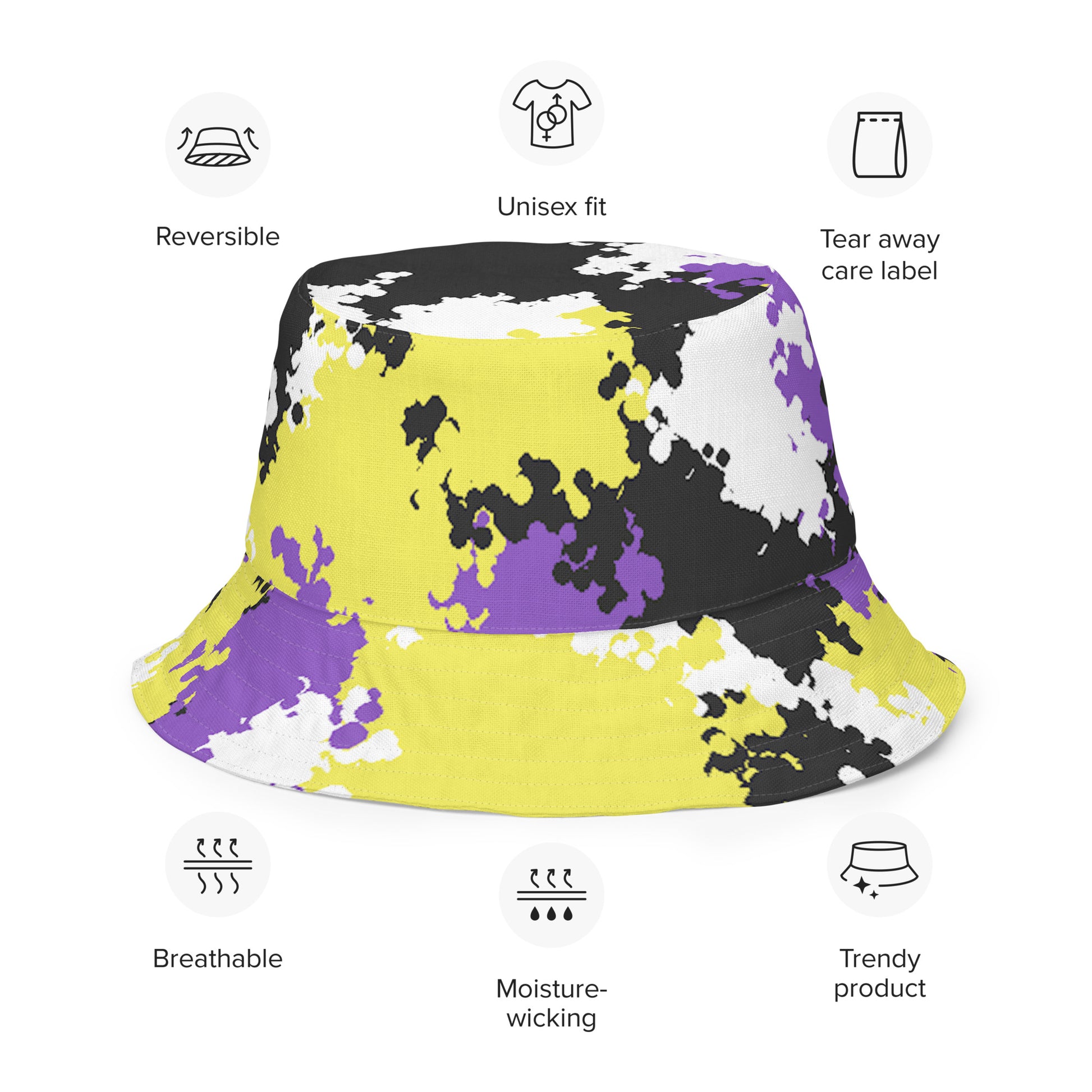 Nonbinary Enby Pride Reversible Bucket Hat in Camouflage all-over-print-reversible-bucket-hat-white-front-outside-64c704ec8526e