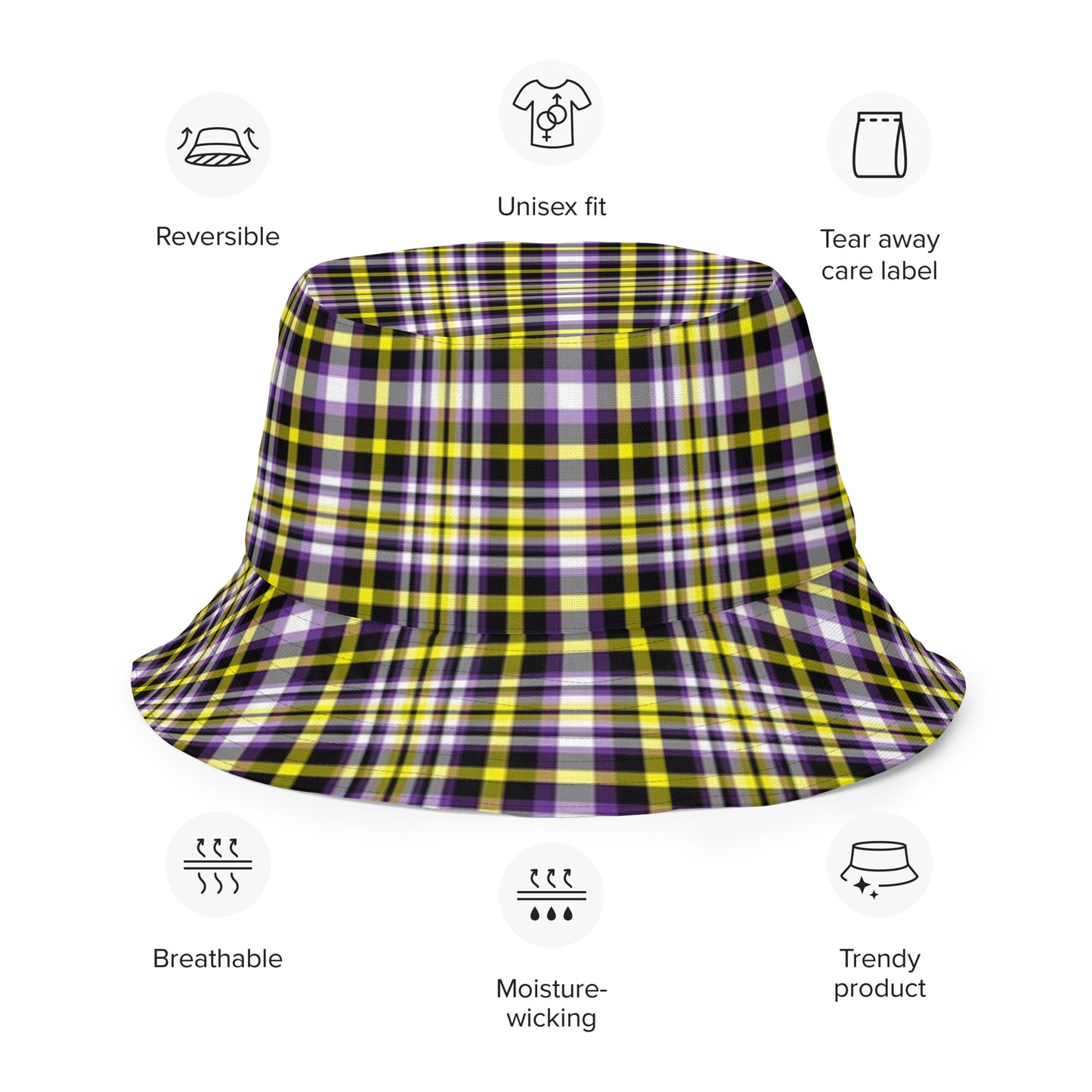 Nonbinary Enby Pride Reversible Bucket Hat in Plaid all-over-print-reversible-bucket-hat-white-front-outside-653324fc52b93