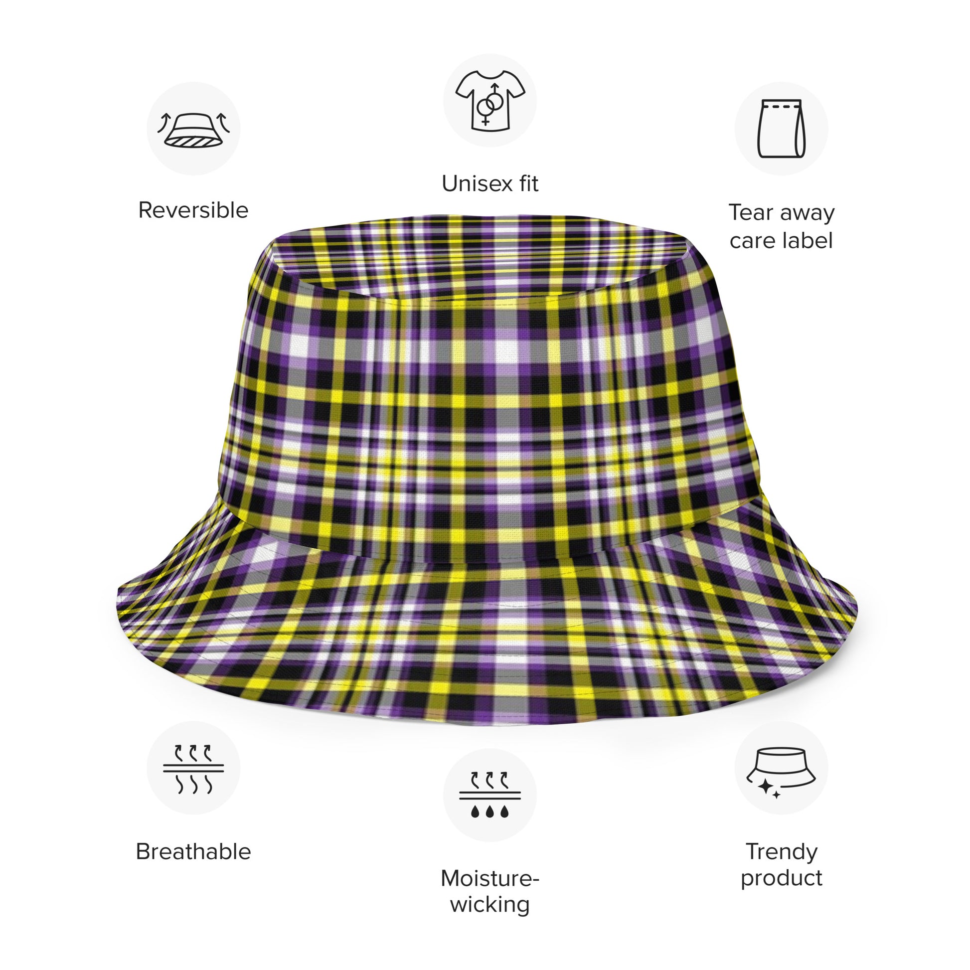 Nonbinary Enby Pride Reversible Bucket Hat in Plaid all-over-print-reversible-bucket-hat-white-front-outside-653324fc52b93