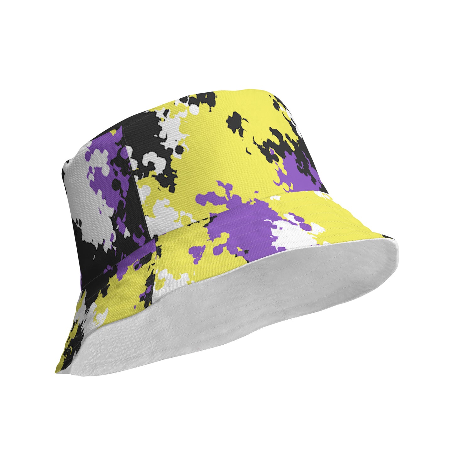 Nonbinary Enby Pride Reversible Bucket Hat in Camouflage all-over-print-reversible-bucket-hat-white-product-details-outside-64c704ec851ce