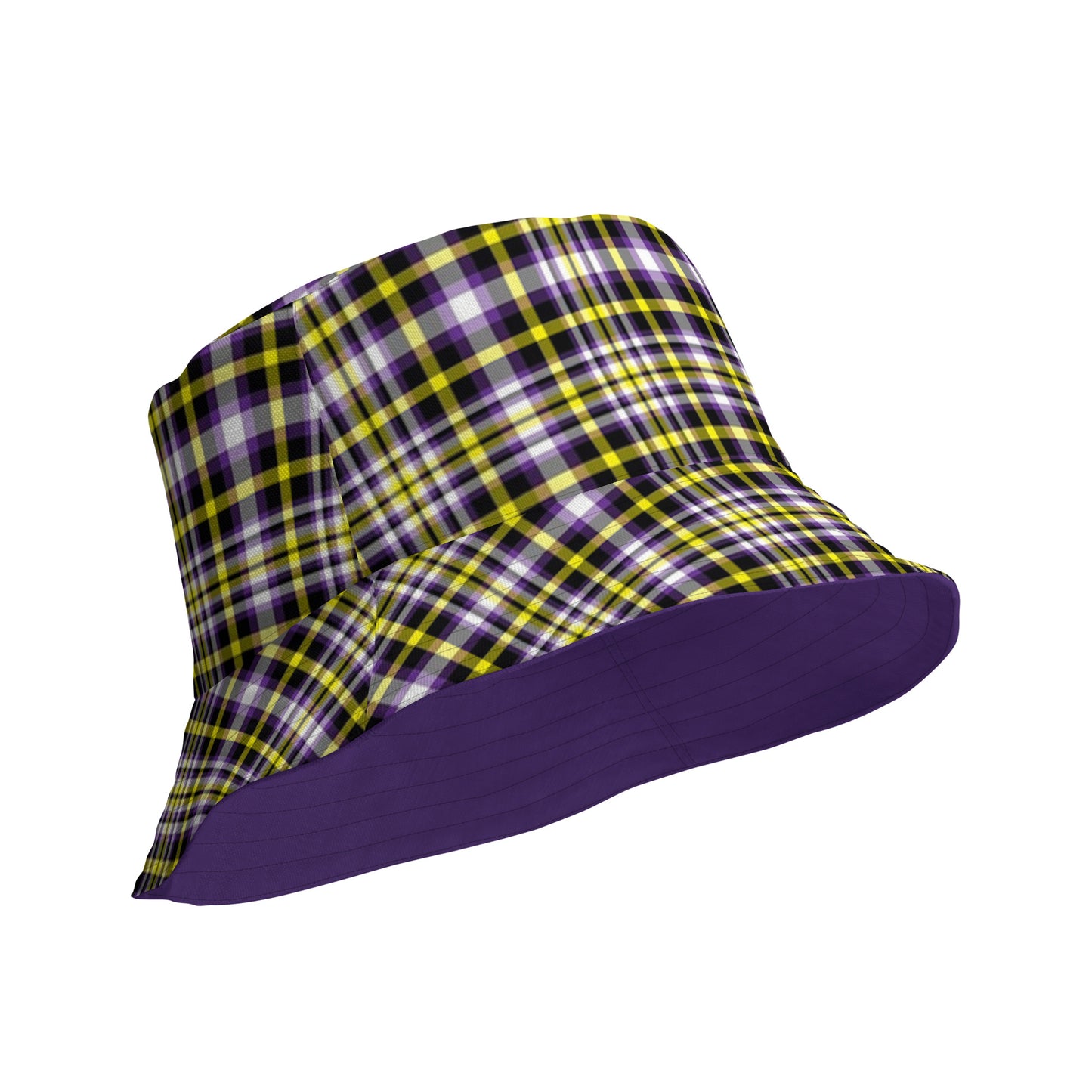 Nonbinary Enby Pride Reversible Bucket Hat in Plaid Nonbinary all-over-print-reversible-bucket-hat-white-product-details-outside-653324fc513b8