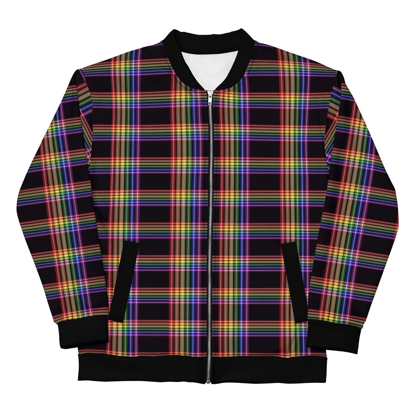 LGBTQ Pride Bomber Jacket Coat - Plaid Pride all-over-print-unisex-bomber-jacket-white-front-6532fa8b90dae