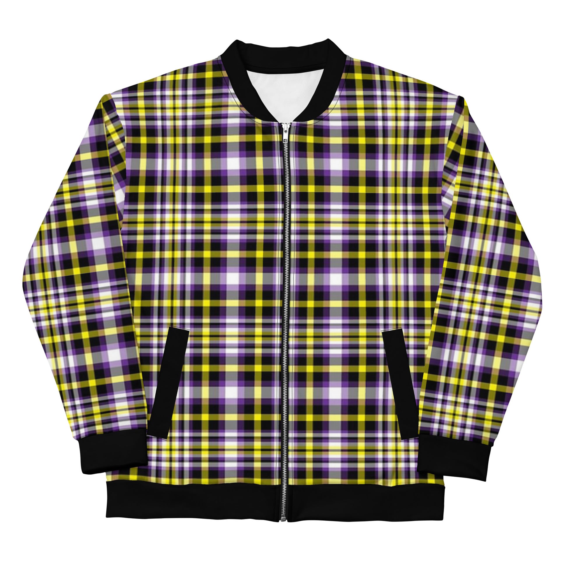 Nonbinary Enby Pride Bomber Jacket Coat in Plaid Nonbinary all-over-print-unisex-bomber-jacket-white-front-6532fbd10323b