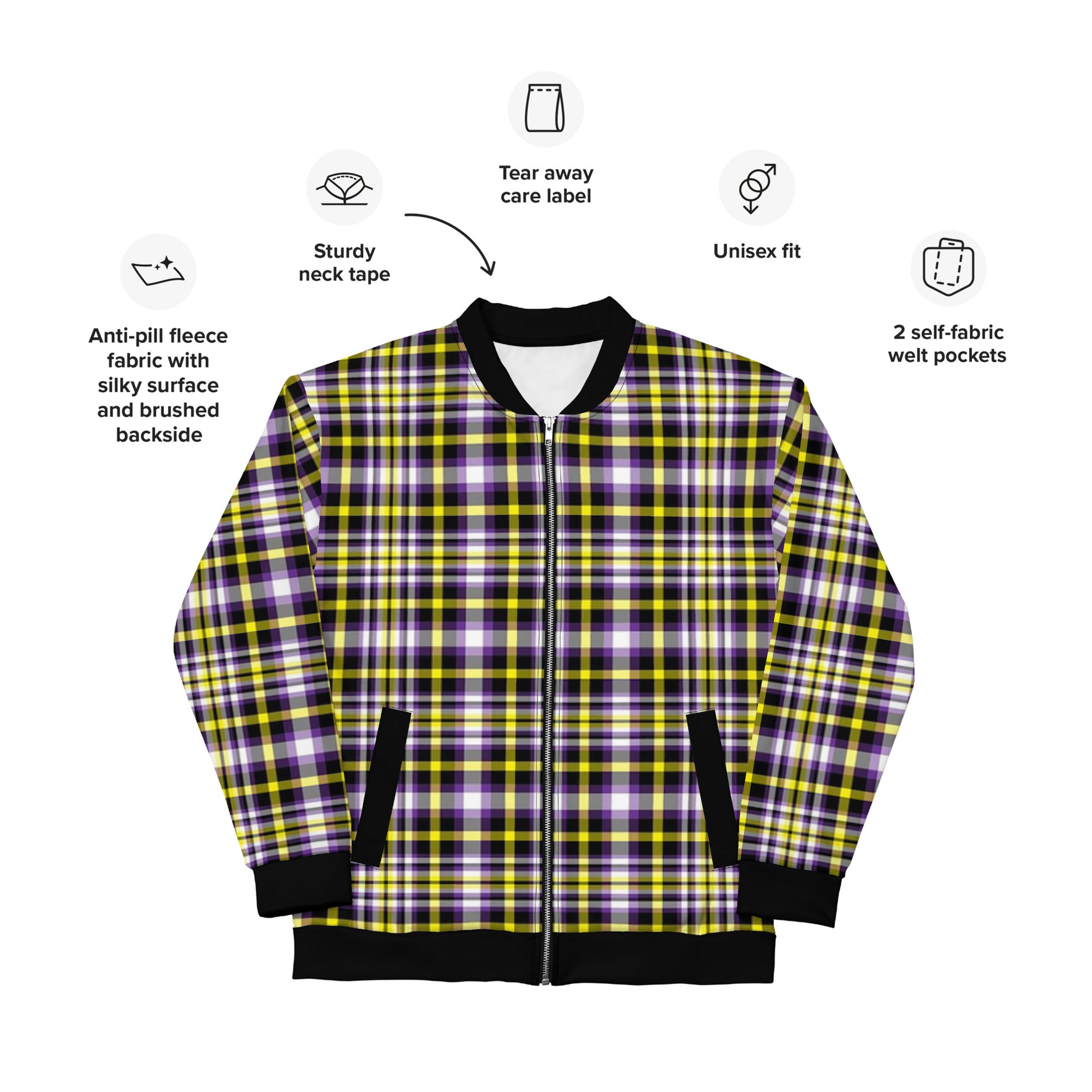 Nonbinary Enby Pride Bomber Jacket Coat in Plaid all-over-print-unisex-bomber-jacket-white-front-6532fbd103fad