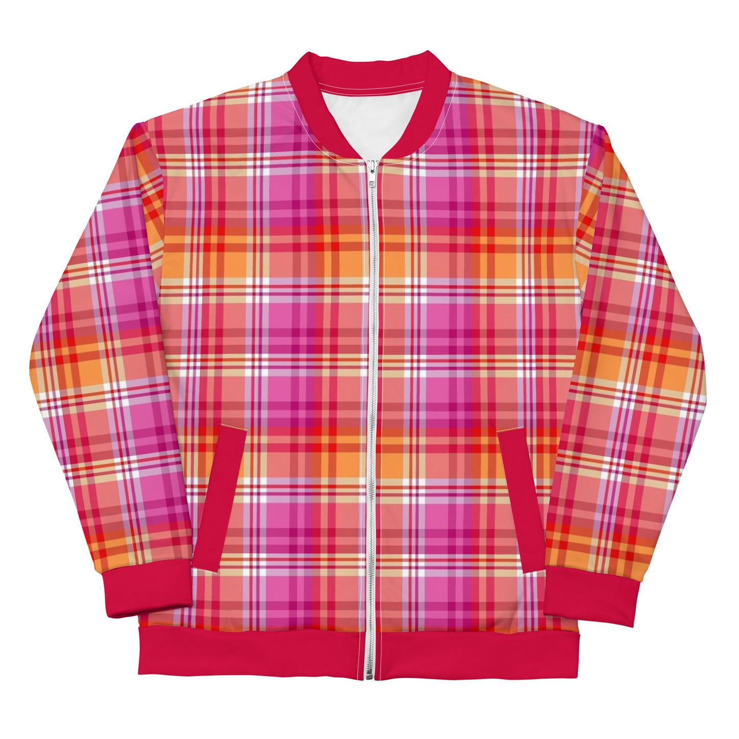 Lesbian Pride Bomber Jacket Coat - Plaid Lesbian all-over-print-unisex-bomber-jacket-white-front-6532fd3192a52