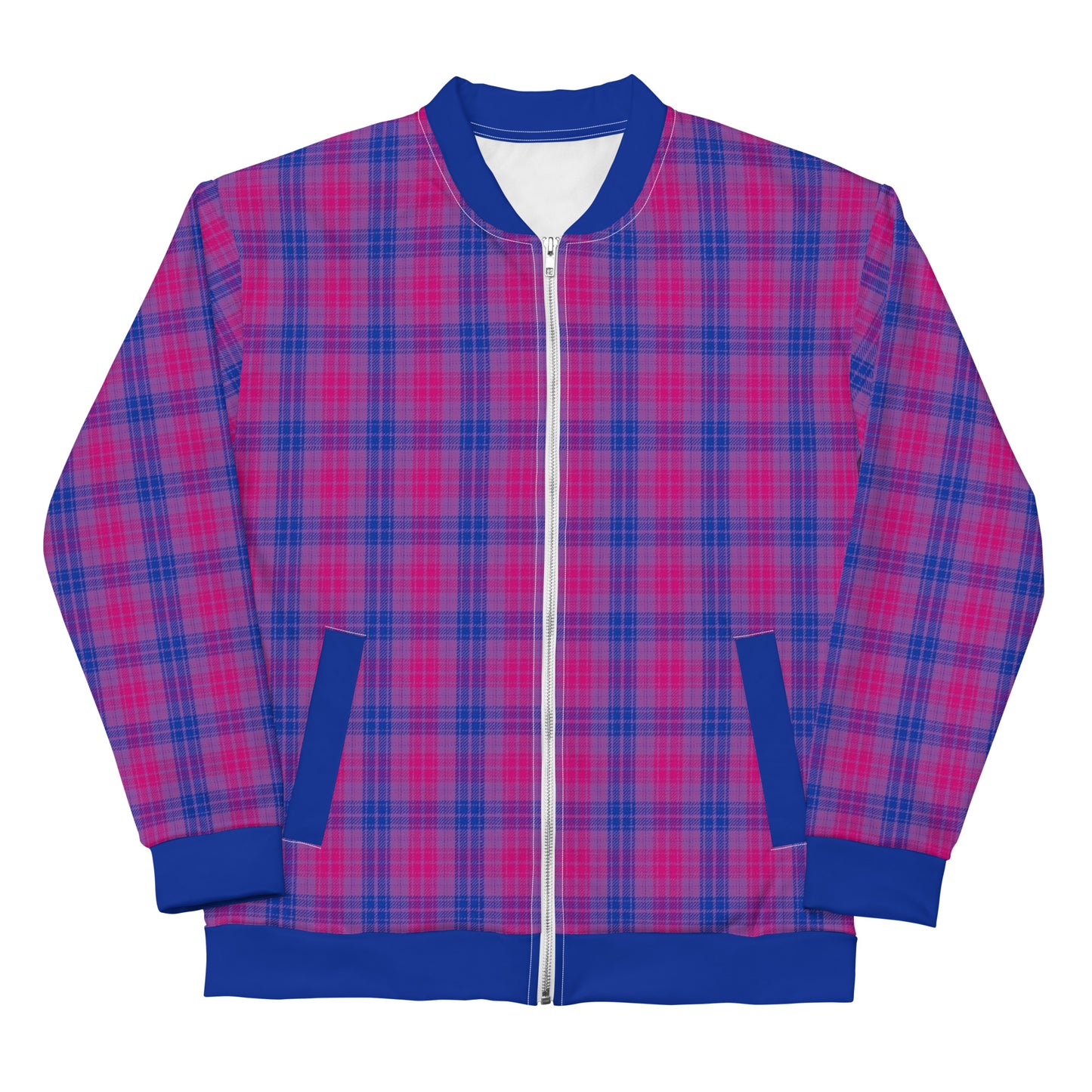 Bisexual Bi Pride Bomber Jacket Coat in Plaid Bisexual all-over-print-unisex-bomber-jacket-white-front-6532ff07c2567