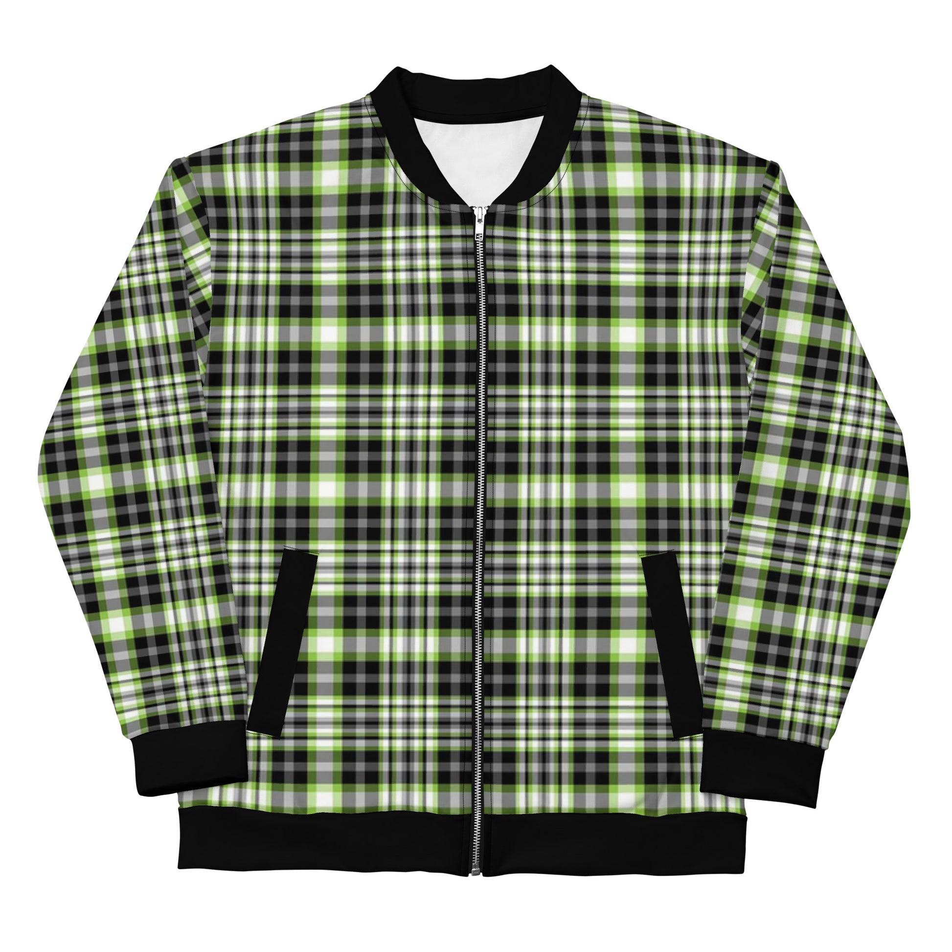 Agender Pride Bomber Jacket Coat in Plaid Agender Plaid all-over-print-unisex-bomber-jacket-white-front-653438da6b2df