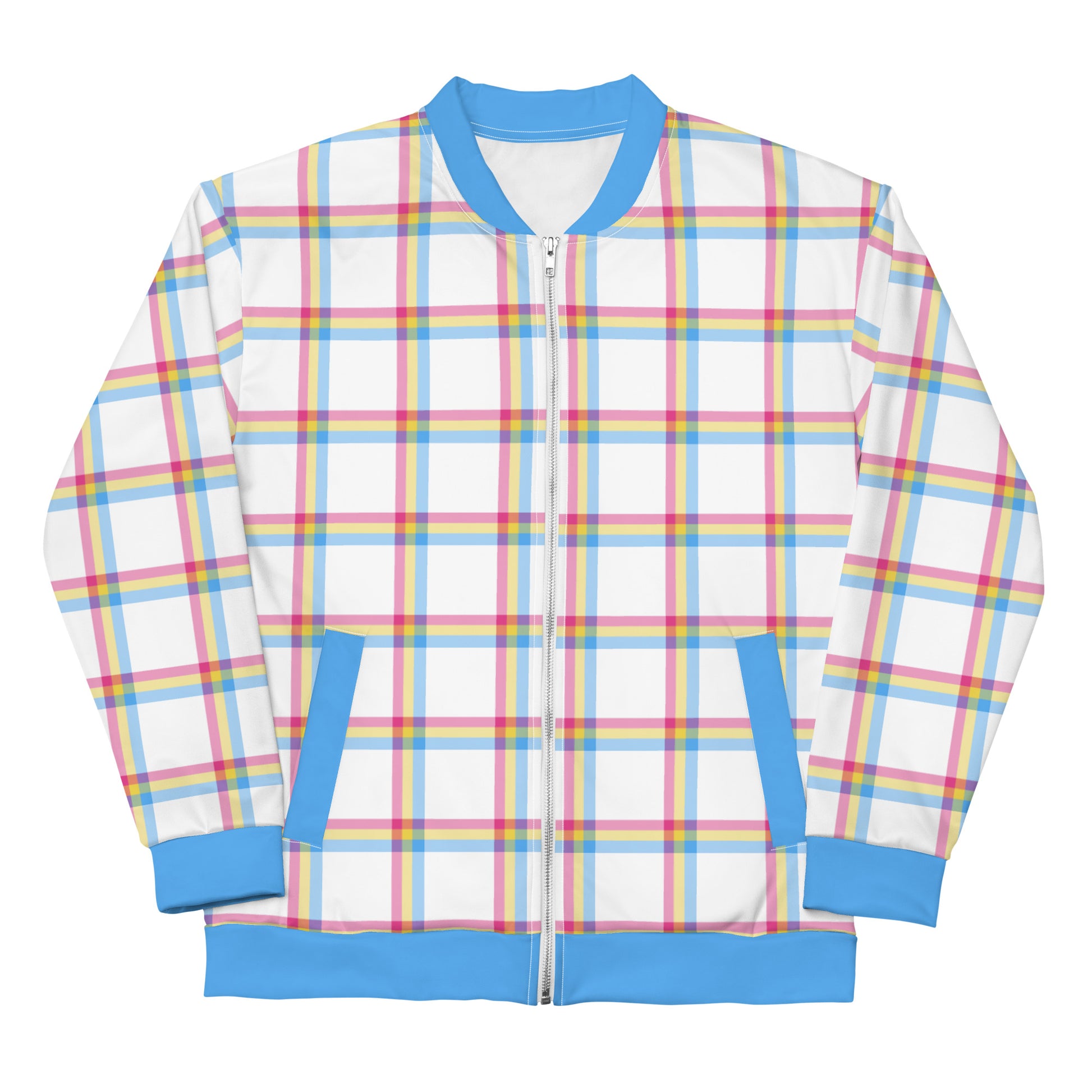 Pansexual Pan Pride Bomber Jacket Coat - Plaid Pansexual all-over-print-unisex-bomber-jacket-white-front-654cf2878b442