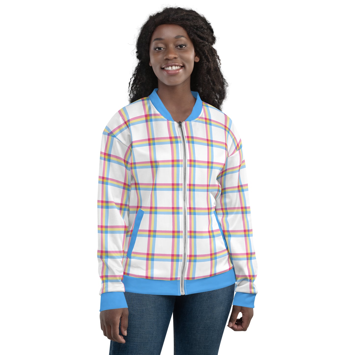 Pansexual Pan Pride Bomber Jacket Coat - Plaid all-over-print-unisex-bomber-jacket-white-front-654cf2878c298