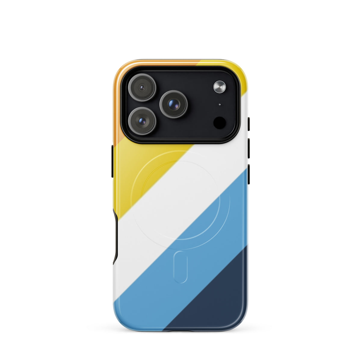 Phone case with a geometric design featuring yellow, white, and blue colors on a white background.