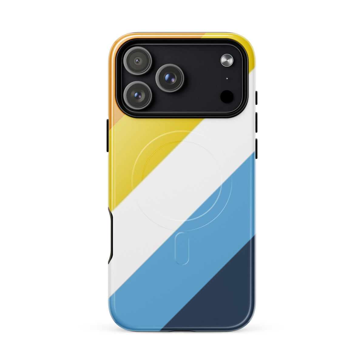 Phone case with a geometric design featuring yellow, white, and blue colors on a white background.
