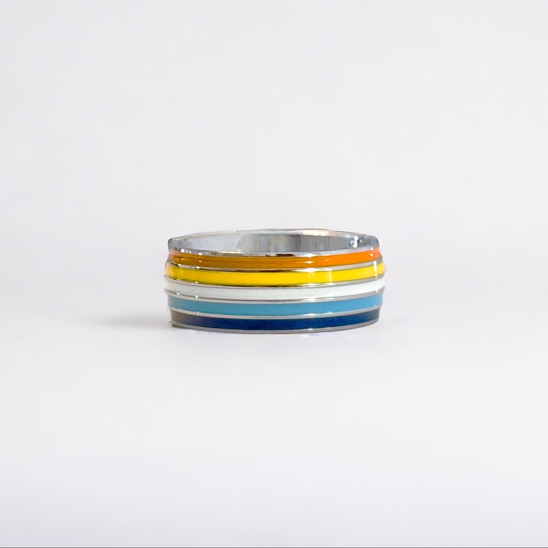 Silver ring with aroace pride colored stripes on a white background