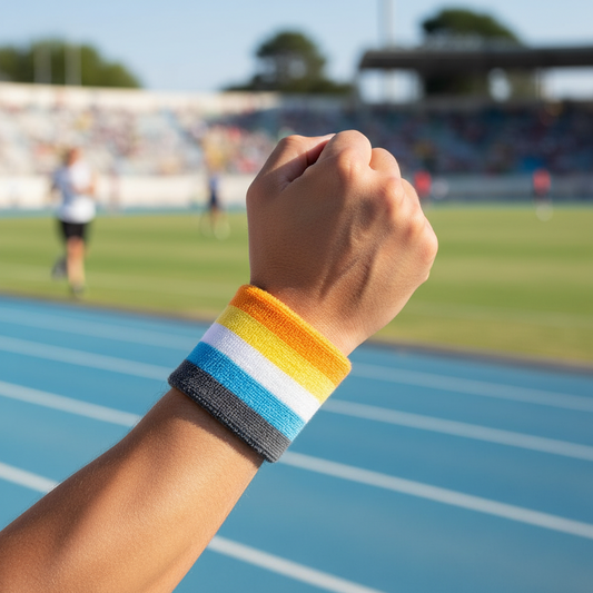 person with wrist raised at a track and field event wearing a wristband with strips of orange, yellow, white, light blue, and dark blue