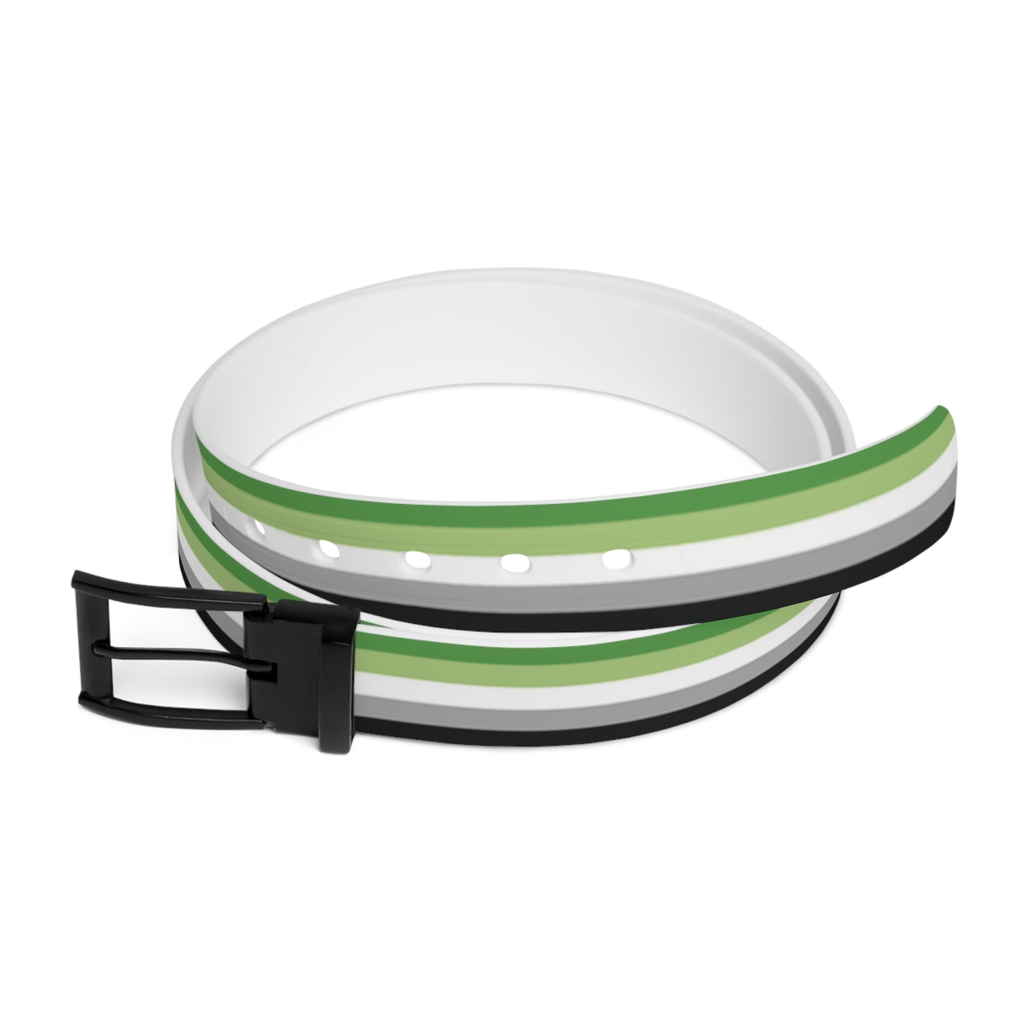 aromantic pride striped belt with green, white, and black pattern on a white background