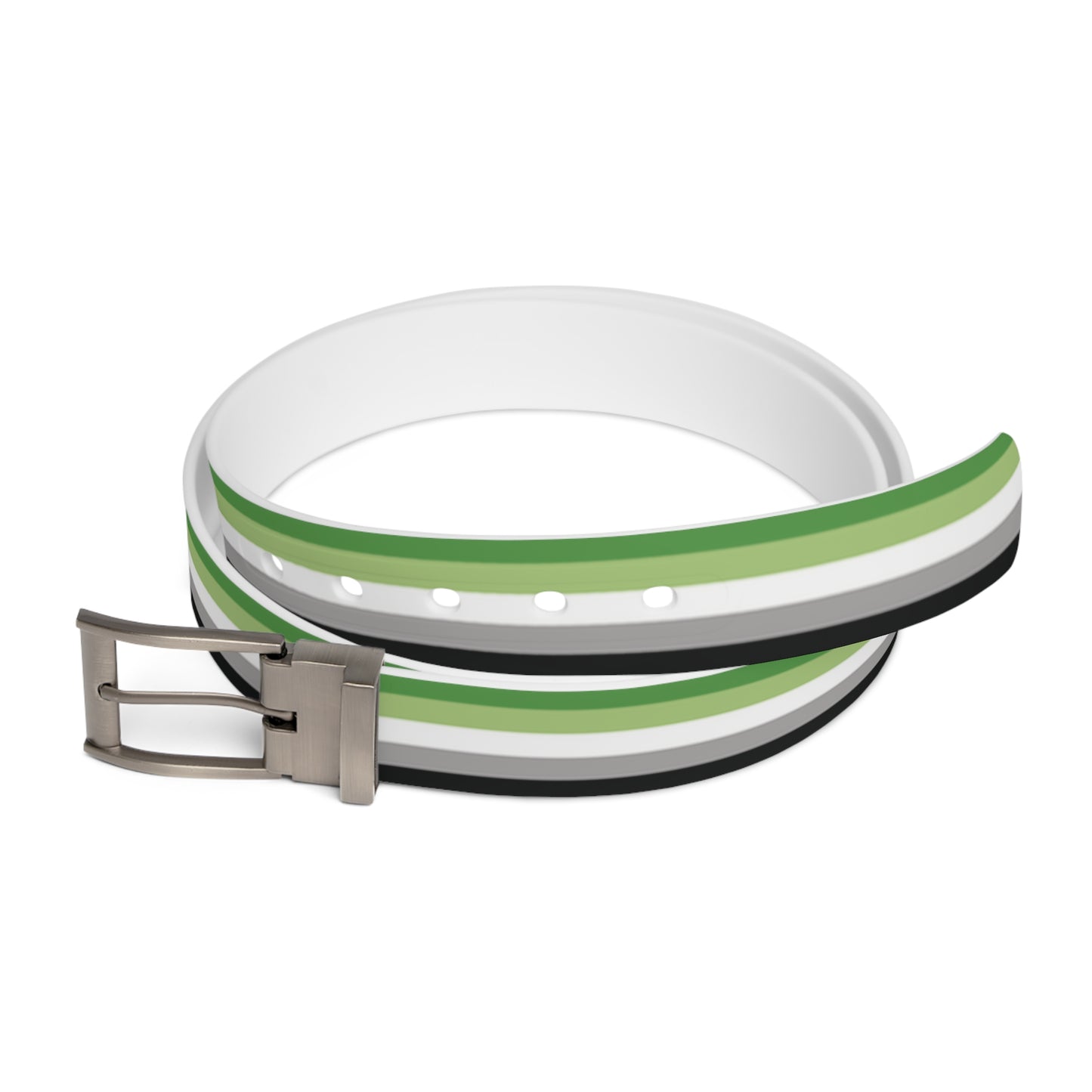 Aromantic pride striped belt with green, white, and black bands on a white background