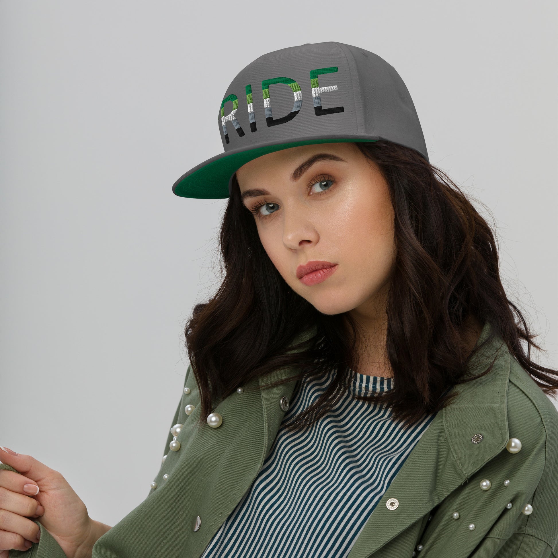 Aromantic Pride Embroidered Snapback Baseball Cap aromantic-pride-embroidered-snapback-baseball-cap-grey-front-model