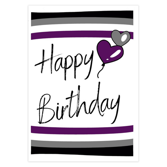 Asexual Birthday card with purple and gray stripes and a heart-shaped balloon on a white background