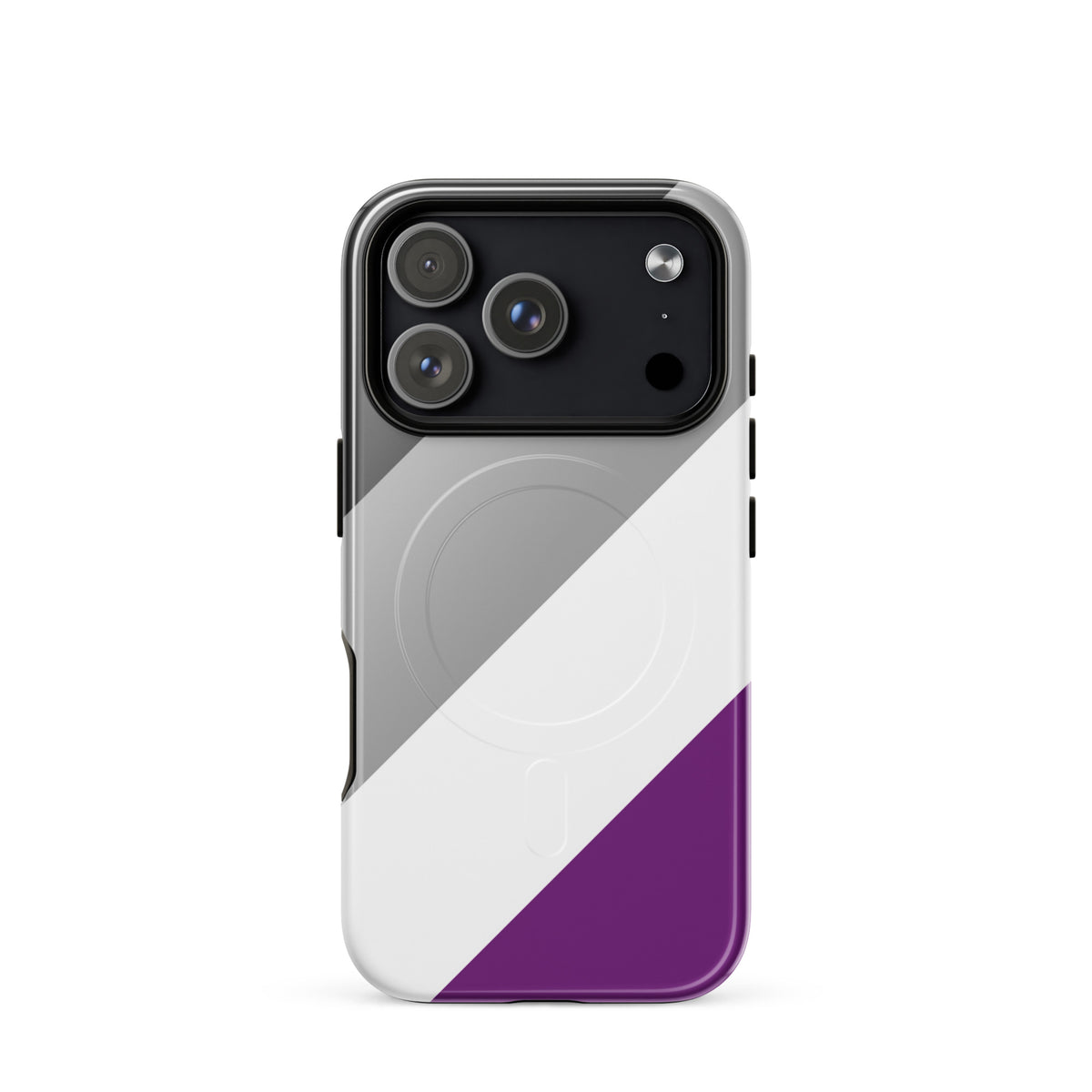 iPhone case with a purple and white design on a white background