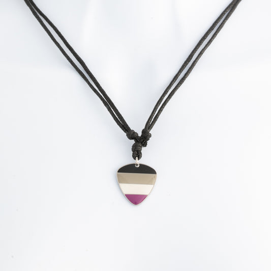 Necklace with a asexual ace pride guitar pick pendant on a white background