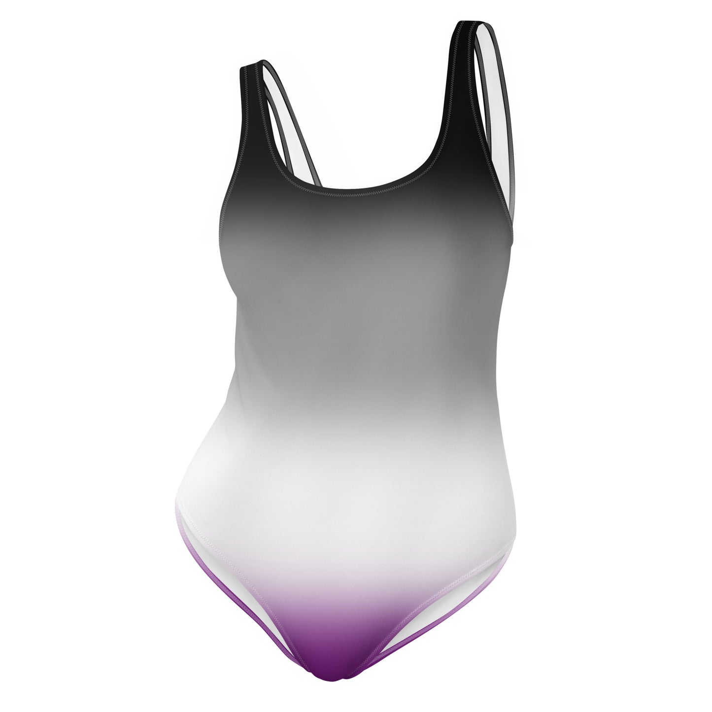 asexual pride Gradient swimsuit with black to purple design on a white background