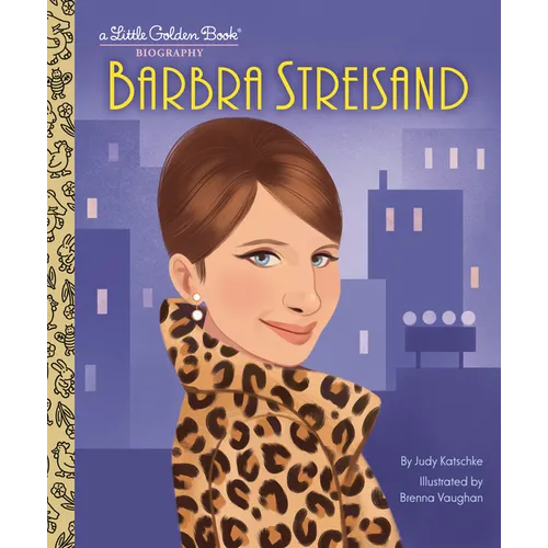 Book cover of 'Barbra Streisand' with a stylized illustration of a woman wearing a leopard print outfit against a cityscape background.