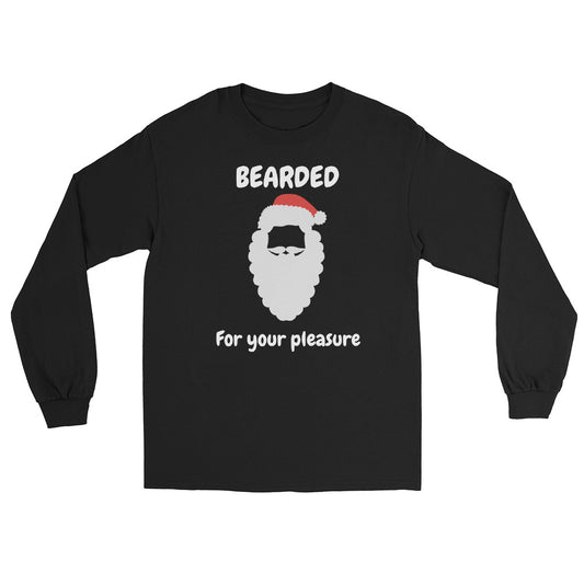 black long sleeve tee shirt with Santa Claus face in traditional holiday red and white and text that reads 'BEARDED for your pleasure'