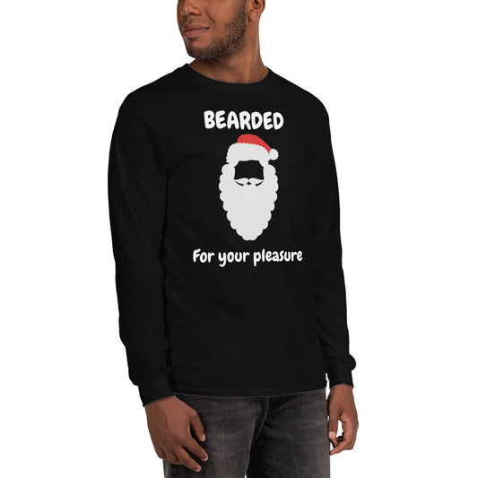 person wearing a black long sleeve tee shirt with Santa Claus face in traditional holiday red and white and text that reads 'BEARDED for your pleasure'