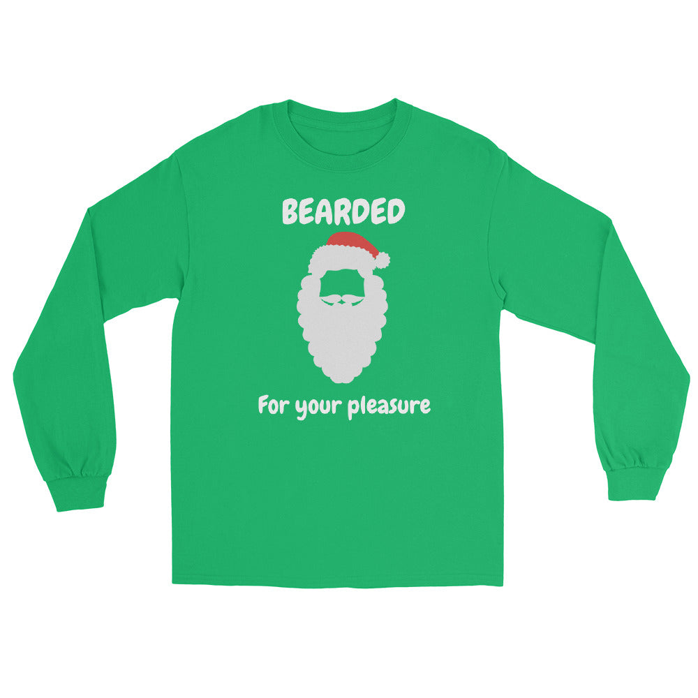 green long sleeve tee shirt with Santa Claus face in traditional holiday red and white and text that reads 'BEARDED for your pleasure'