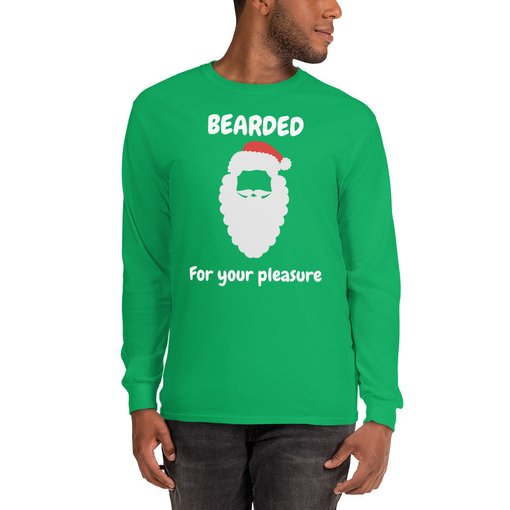person wearing a green long sleeve tee shirt with Santa Claus face in traditional holiday red and white and text that reads 'BEARDED for your pleasure'