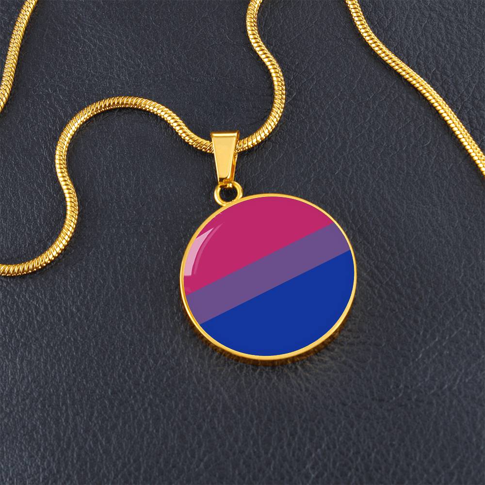 Bisexual Bi Pride Circle Pendant Necklace bi_gold_necklace_on_table