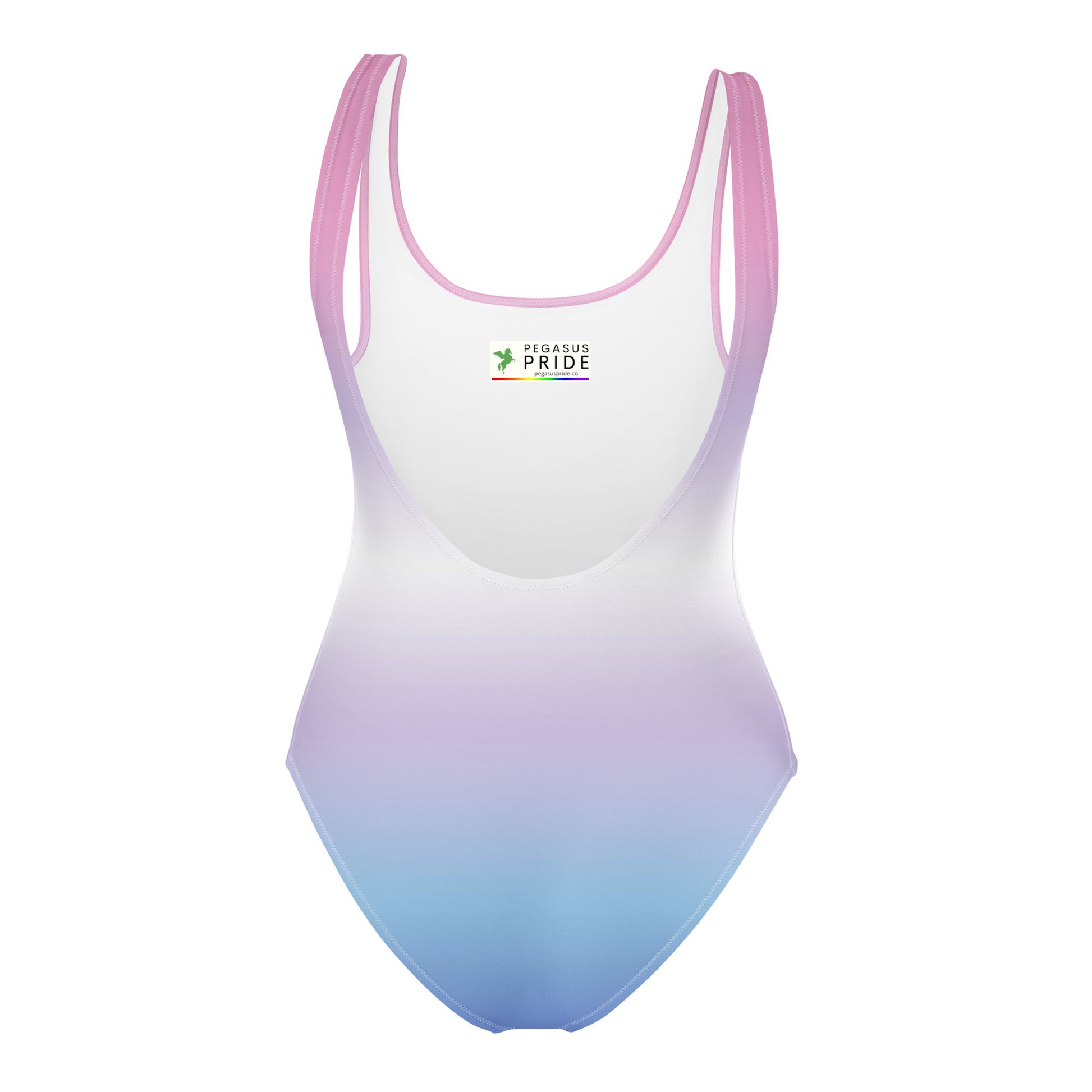 Gradient swimsuit with pink to blue color change on a white background
