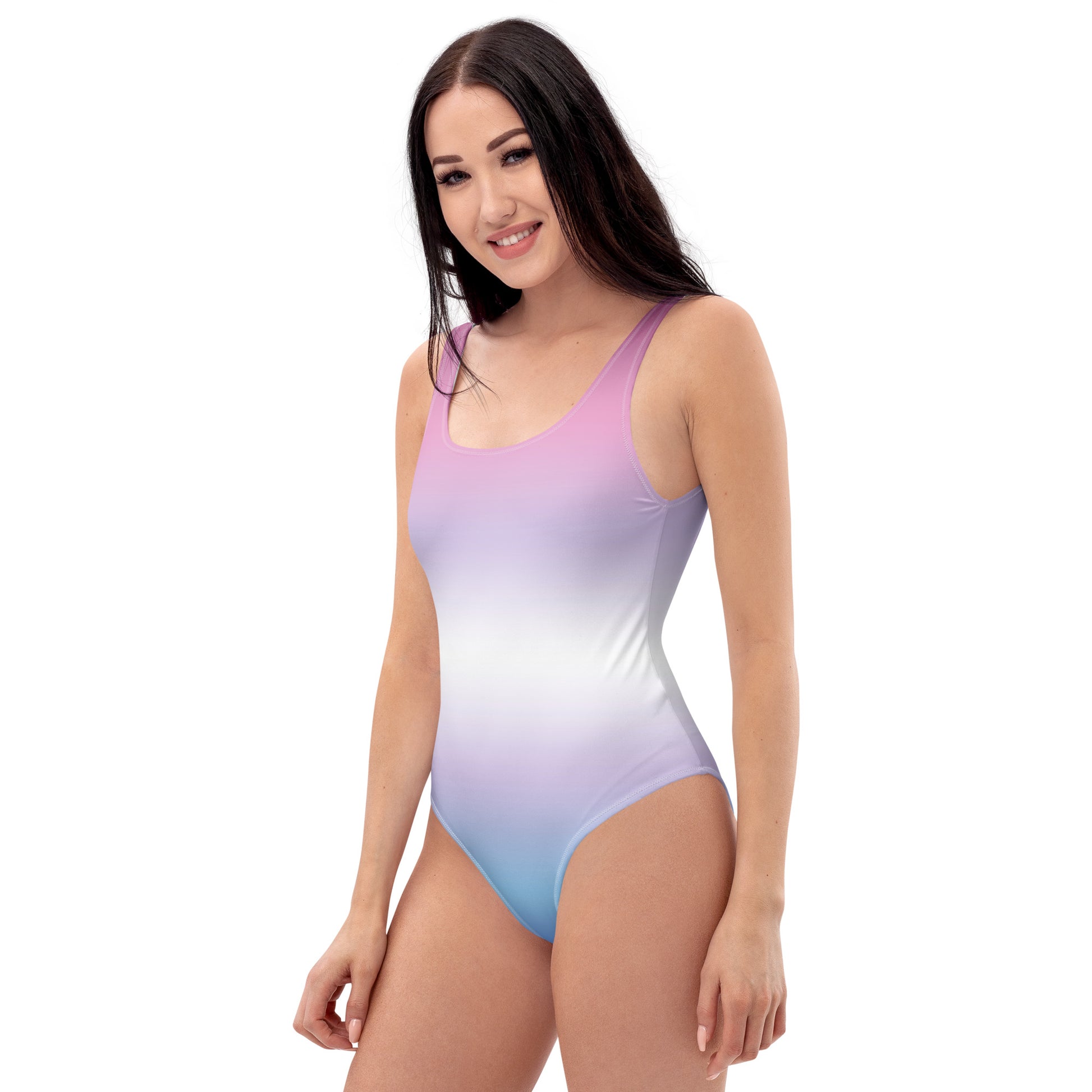 Woman wearing a bigender pride gradient swimsuit on a white background