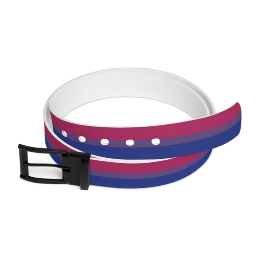Bisexual pride belt with pink, purple, and blue stripes with a black buckle on a white background