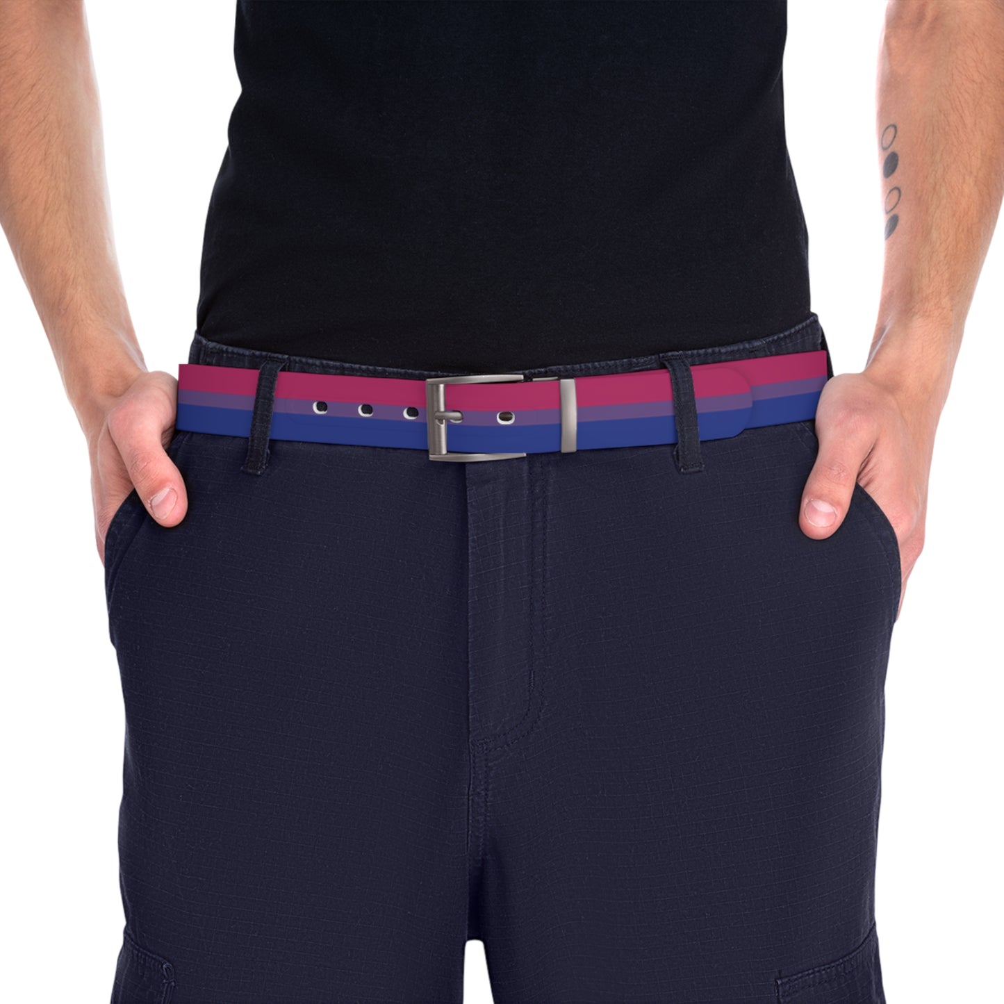 Navy pants with a multicolored bisexual pride belt on a white background