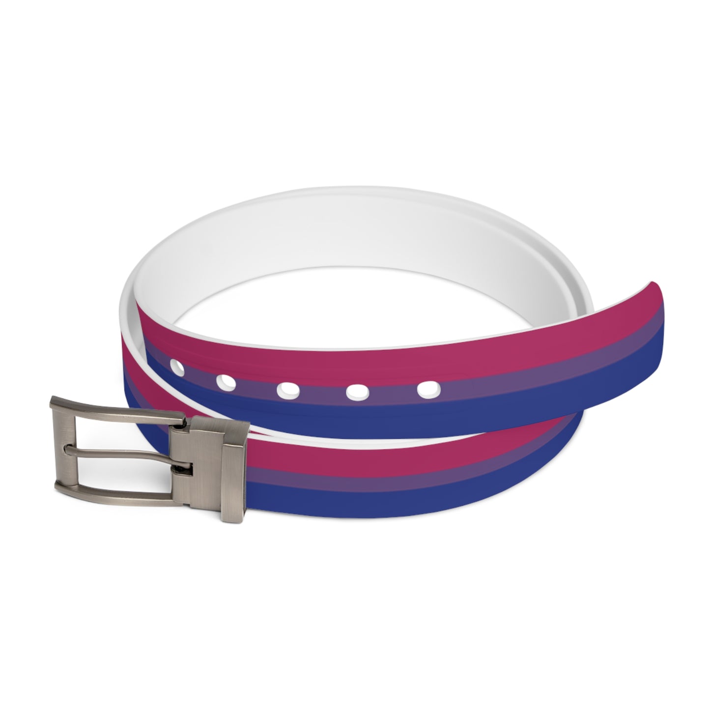 Bi pride belt with pink, purple, and blue stripes with silver buckle on a white background