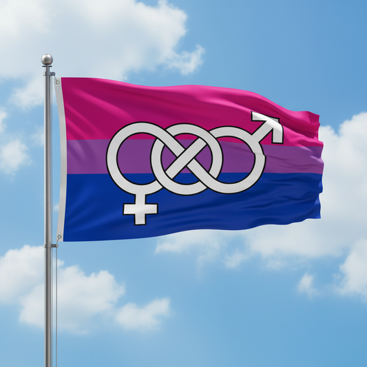 flag flying from a flagpole with blue sky in background.  flag has pink, purple, and blue stripes with male and female infinity style symbol in the middle