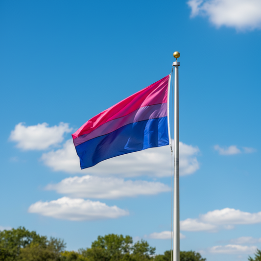 A bisexual pride flag with horizontal pink, white, and blue stripes waving on a silver flagpole against a bright blue sky with scattered white clouds.