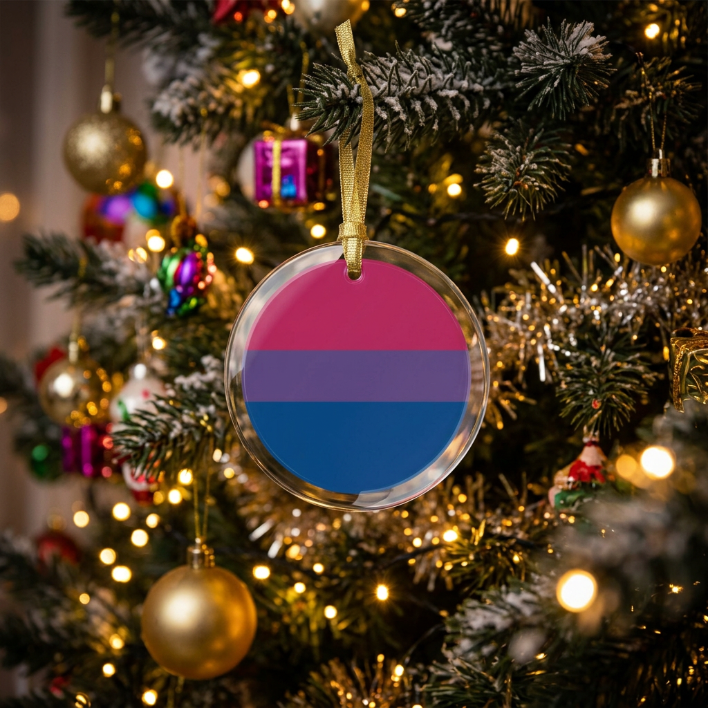 Round clear glass holiday ornament with the bisexual pride flag colors in the center hung on a Christmas tree with lights and colorful bulbs