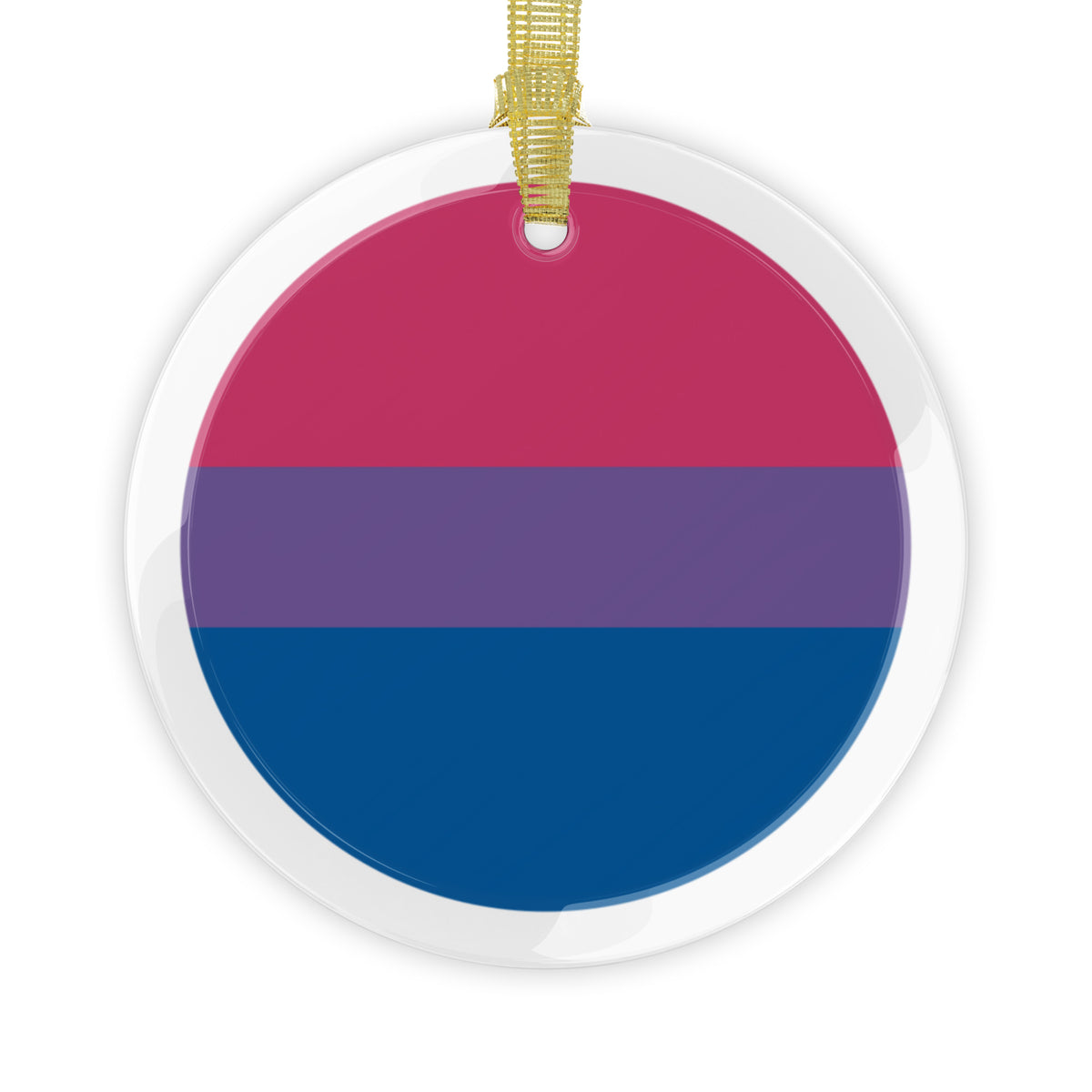 Round clear glass holiday ornament with the bisexual pride flag colors in the center and golden ribbon at top for attachment