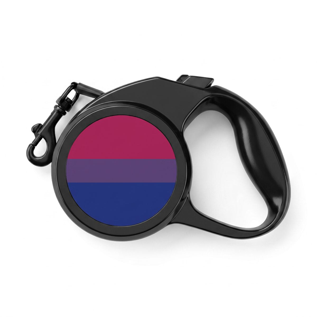A black retractable dog leash with a circular reel featuring the bisexual pride flag design, shown on a clean white background.