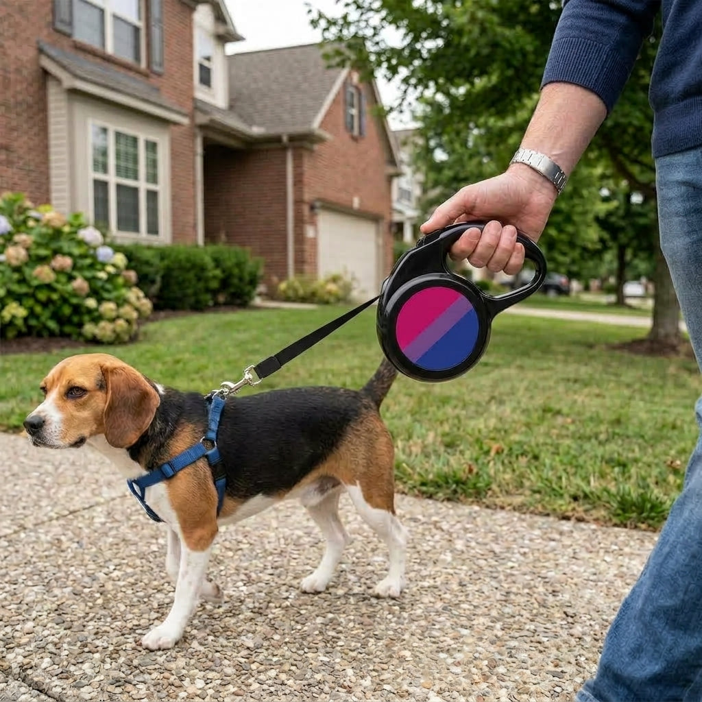 Person walking a dog on leash that is black and has a circle in middle with the Bisexual Pride flag emblem. 