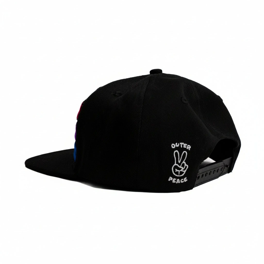 Black cap with 'Outer Peace' logo on a white background
