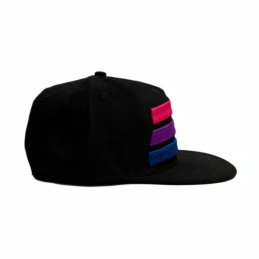 Black cap with bisexual pride stripes embroidered on it on a white background